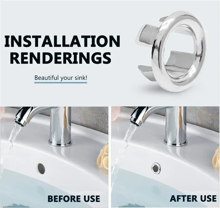 4PCS Plastic Bathroom Kitchen Basin Sink Overflow Cover Ring Insert Replacement Chrome Hole Round Drain  Basin Accessory
