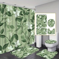 4-piece garden floral bathroom set - light green with white flowers, includes bath mat, U-shaped mat, toilet seat cover