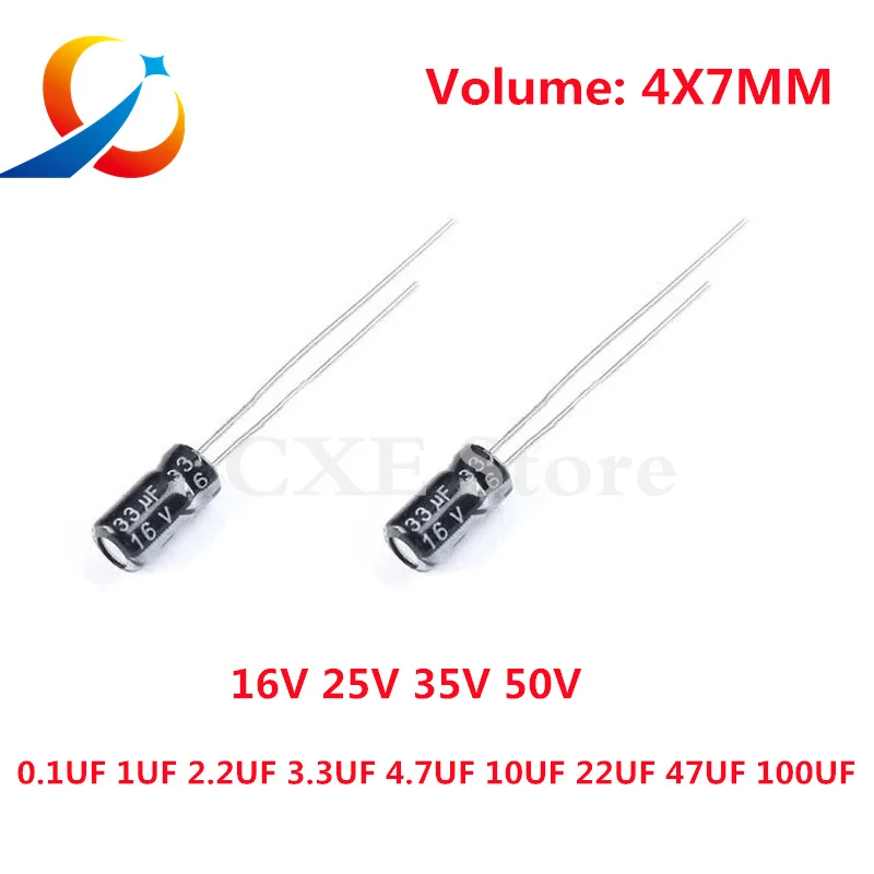 1000PCS Electrolytic Capacitor Volume 4X7MM 16V 25V 50V 0.1UF 1UF 2.2UF 3.3UF 4.7UF 10UF 22UF 33UF 47UF NEW