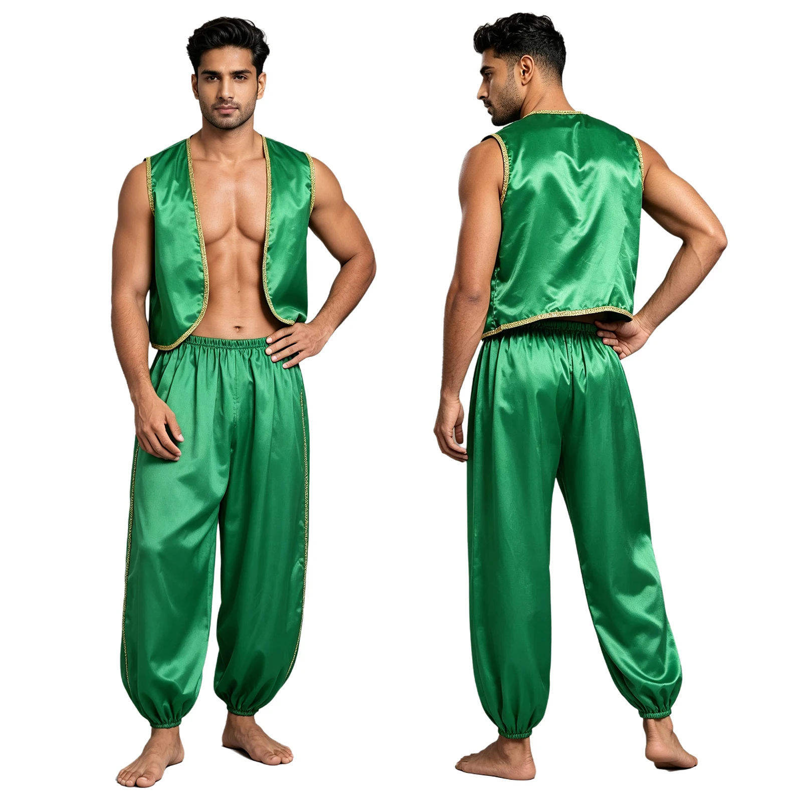 Arab King Prince Cosplay Costume Outfit for Mens Halloween Carnival Rave Party Dress up Sleeveless Vest+Belted Pants Sets 2Pcs view 5