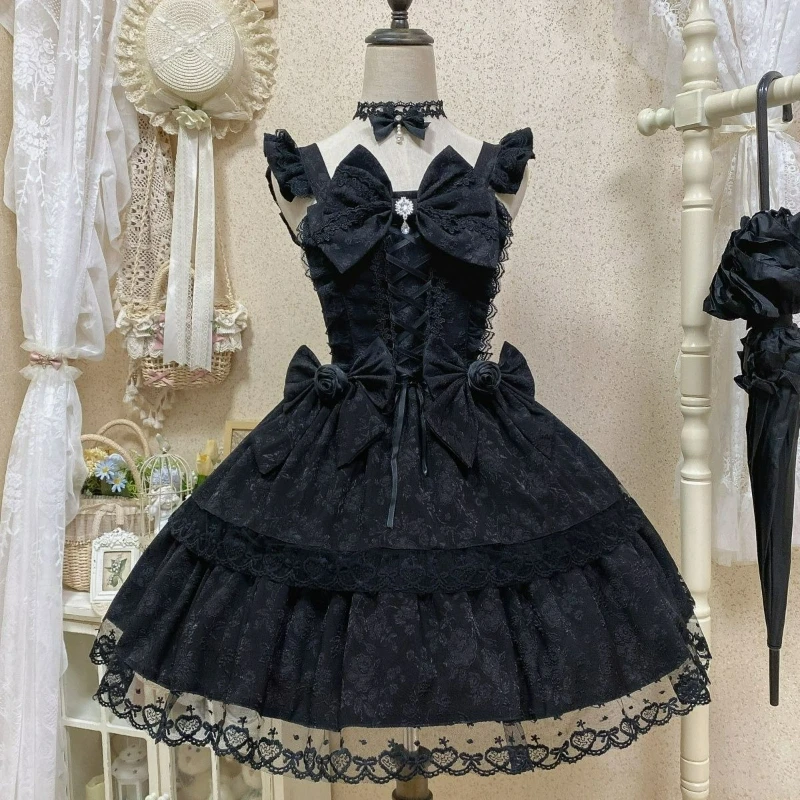 

Japanese Vintage Gothic Lolita Dress Women Kawaii Bow Lace Ruffles Slim Bandage Princess Dresses Girls Harajuku Y2k Mini Dresses