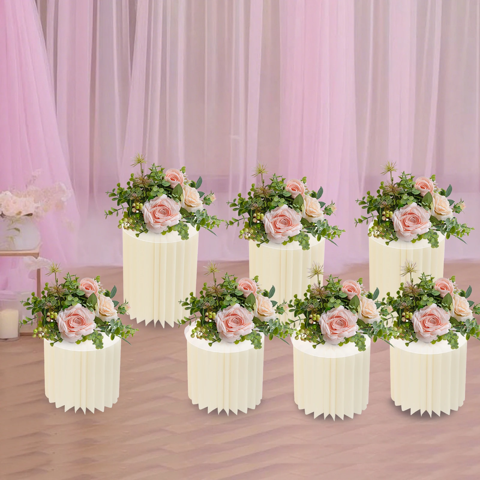 7PCS Wedding Party Flower Stand Cylinder Foldable Cardboard Centerpiece Table Paper Column Display Stand with PVC Panel for Wedding Dessert Flower Load 25kg/55 lbs