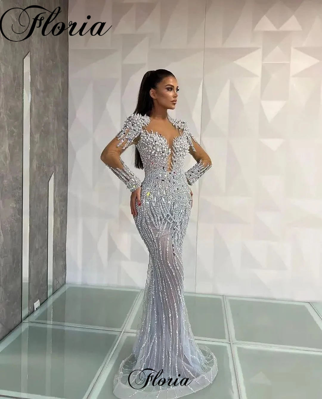 Full Beaded Silver Evening Dresses Mermaid Long Sleeves Formal Occasion Dress Grand Party Dresses For A Wedding Robes De Soirée