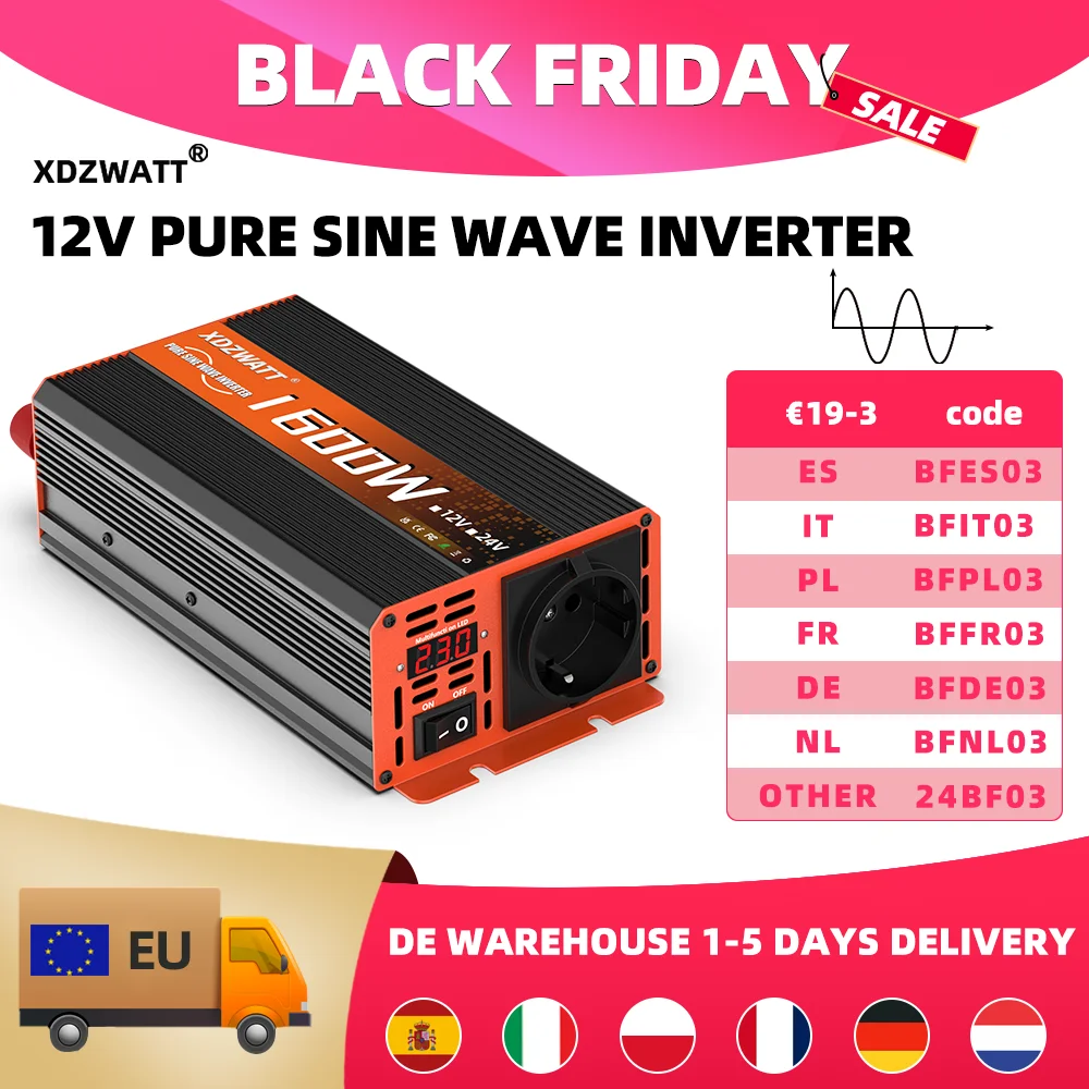 Pure Sine Wave Inverter DC 12V to AC 220V 60HZ EU socket 1600W LED Voltmeter Converter Transformer Auto Accessories For Home RV