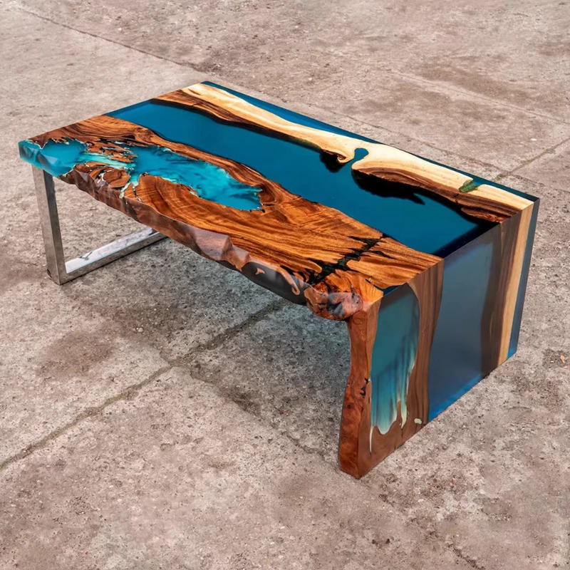 Hotel Modern Blue Waterfall Coffee Dining Table Solid Wood Epoxy River Table