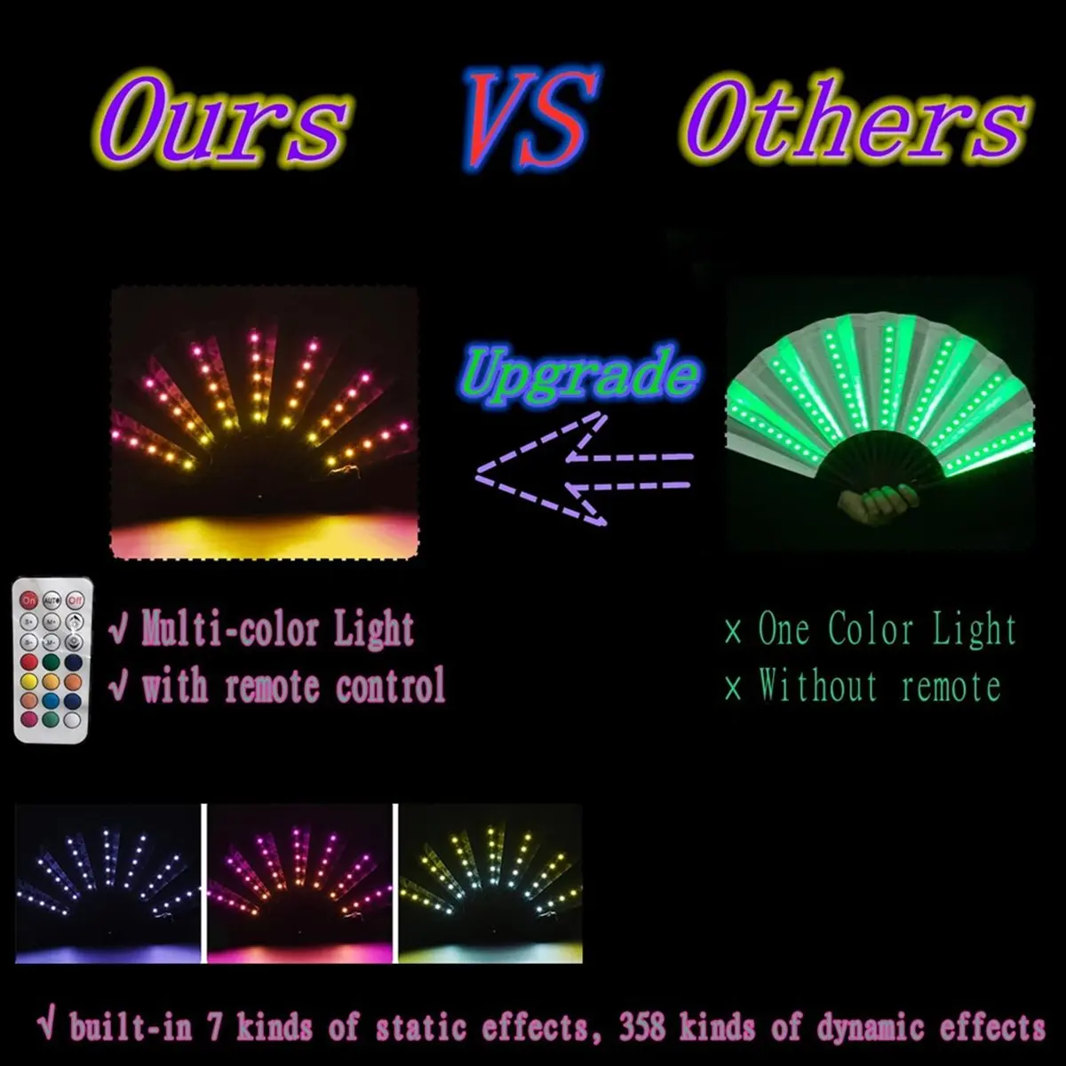 Led brilhante colorido chinês ventilador dobrável de mão com controle remoto desempenho de palco mostrar iluminar ventilador preto-TCES