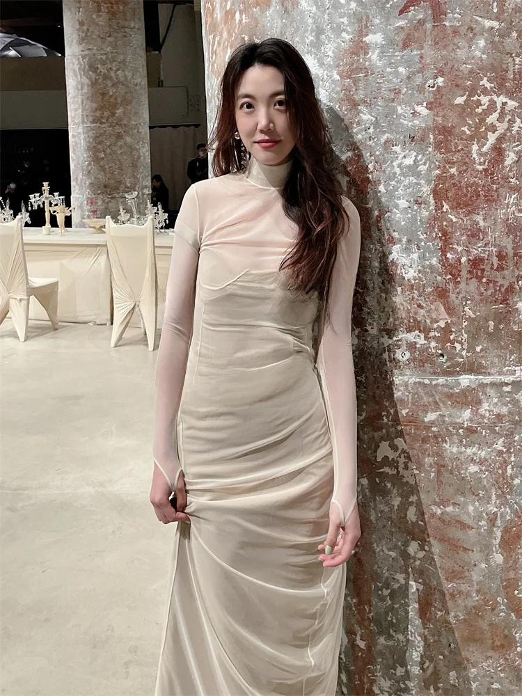 

Женское платье Ele с высокой талией, длинными рукавами, из тюля, с плиссировкой, однотонное, H-образного силуэта, 100% полиэстер, для весеннего повседневного образа