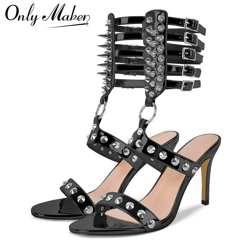 Onlymaker Women Open Toe Buckle Rivet Ankle Strap Stiletto Sandals  Thin High Heel Party Dress Summer  Sandals