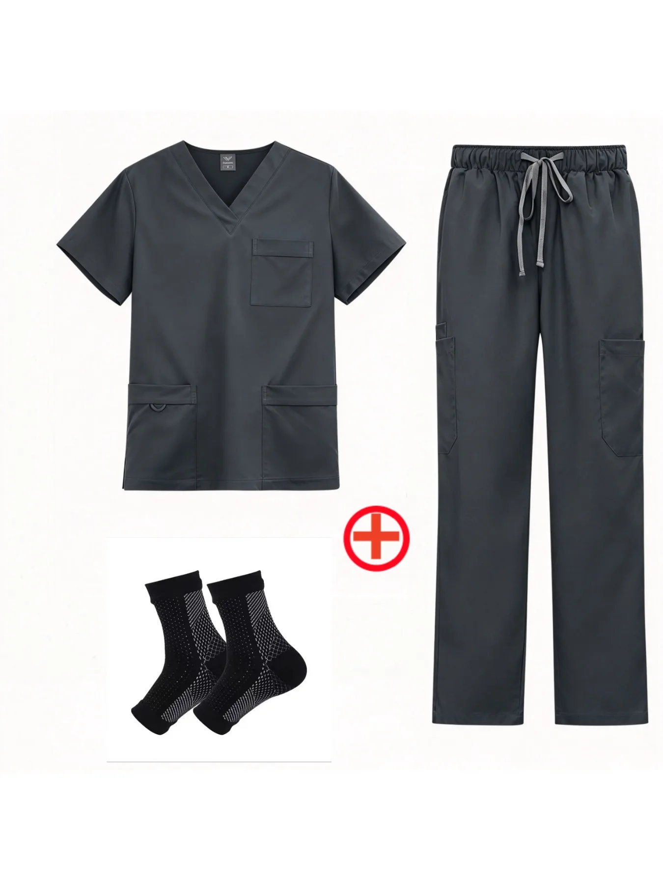 V Neck Unisex Scrub Set Drawstring Tapered Jogger Nurse Uniform With CompressionSocks For Healthcare Staff Walking Jogging
