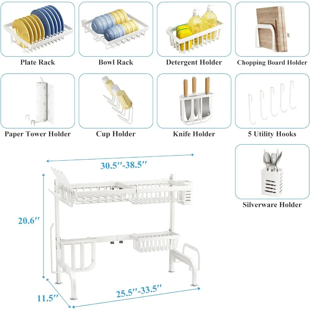 Sobre o Pia Prato Secagem Rack, ajustável Metal Aço Racks para Cozinha Contador com Buraco, 25,5 a 33,5 ", 2 Camada