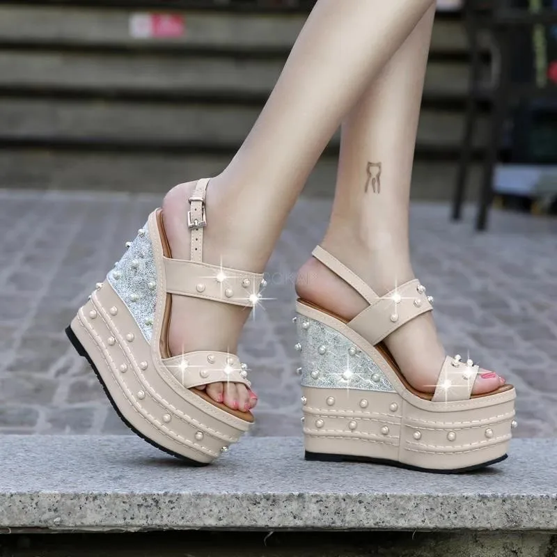 16 سنتيمتر سوبر عالية الكعب منصة صندل خشبي أحذية الصيف النساء حجر الراين المفتوحة تو أحذية الشاطئ مضخات الشرائح أحذية الصيف