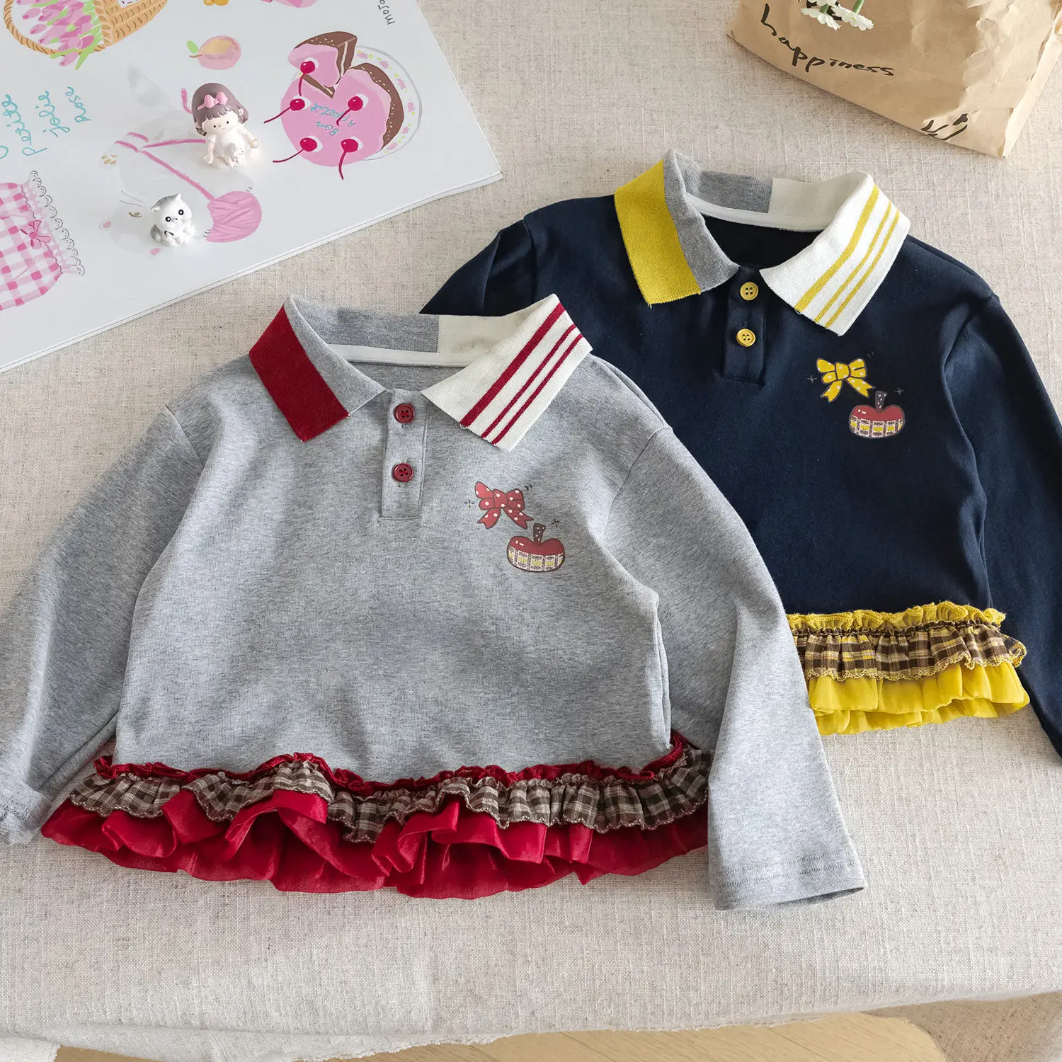 

Children's College Style Sweatshirt Autumn New Girls' Polo Shirt Sweatshirt Baby Lapel Long Sleeve Pullover Lace Top