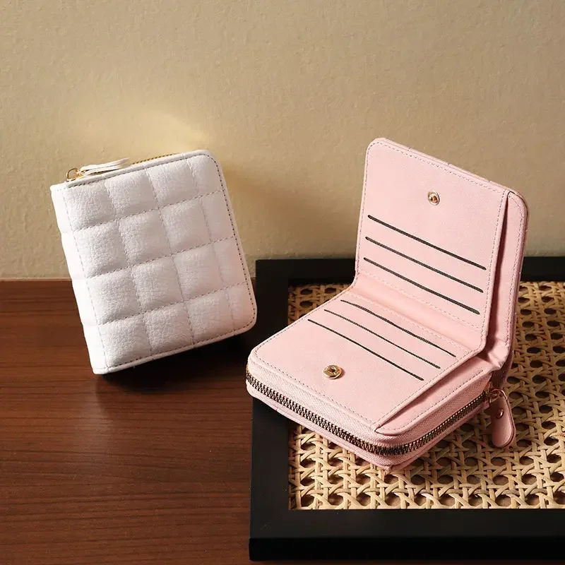 

Women Fashion Small Zipper Wallet with Coin Purse PU Leather Plaid Purses Ladies Cute Mini Korean Version Small Card Pack New In