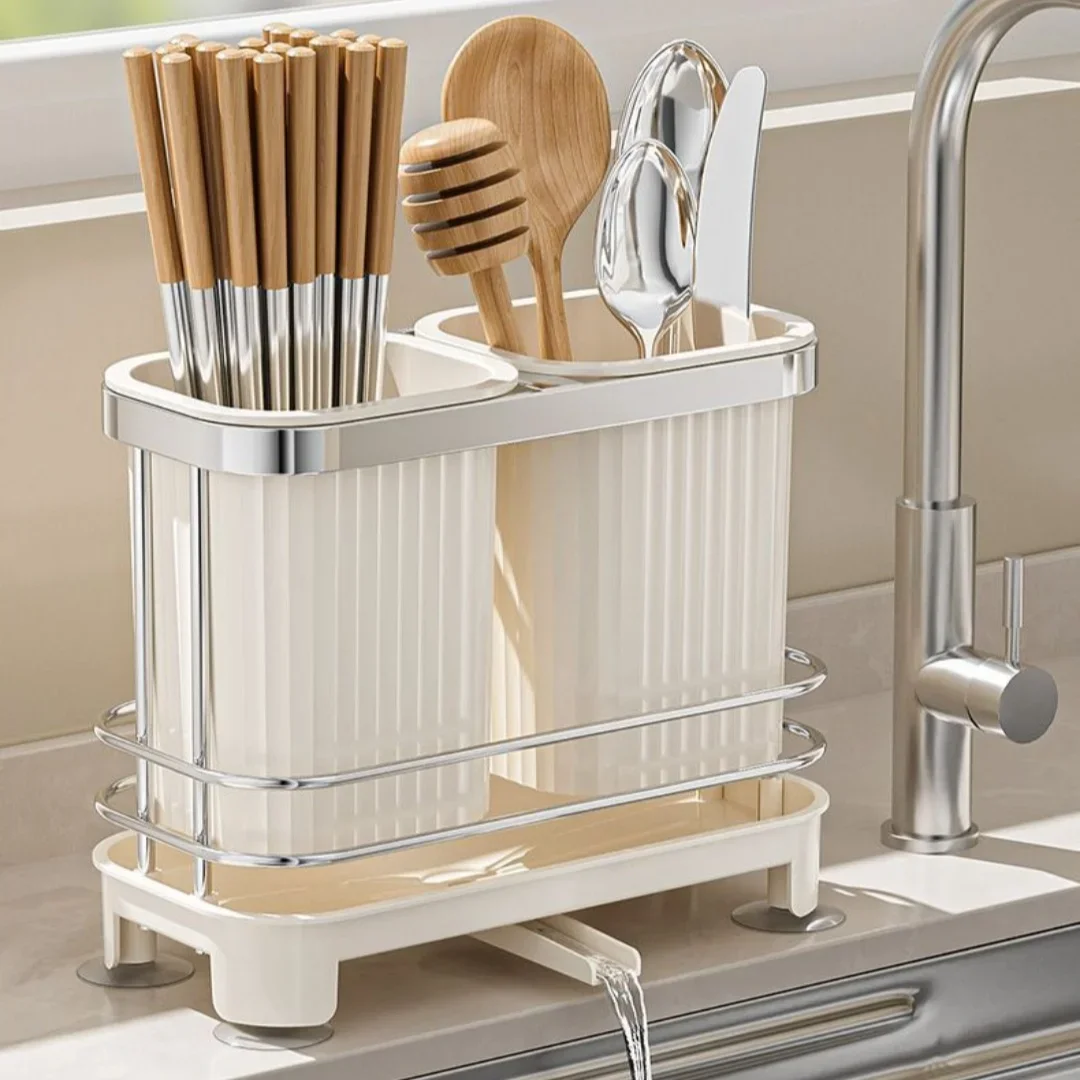 Kitchen Countertop Utensil Holder, Self Draining Cutlery Drainer, Spoon Chopstick Cage Household Storage Organizer