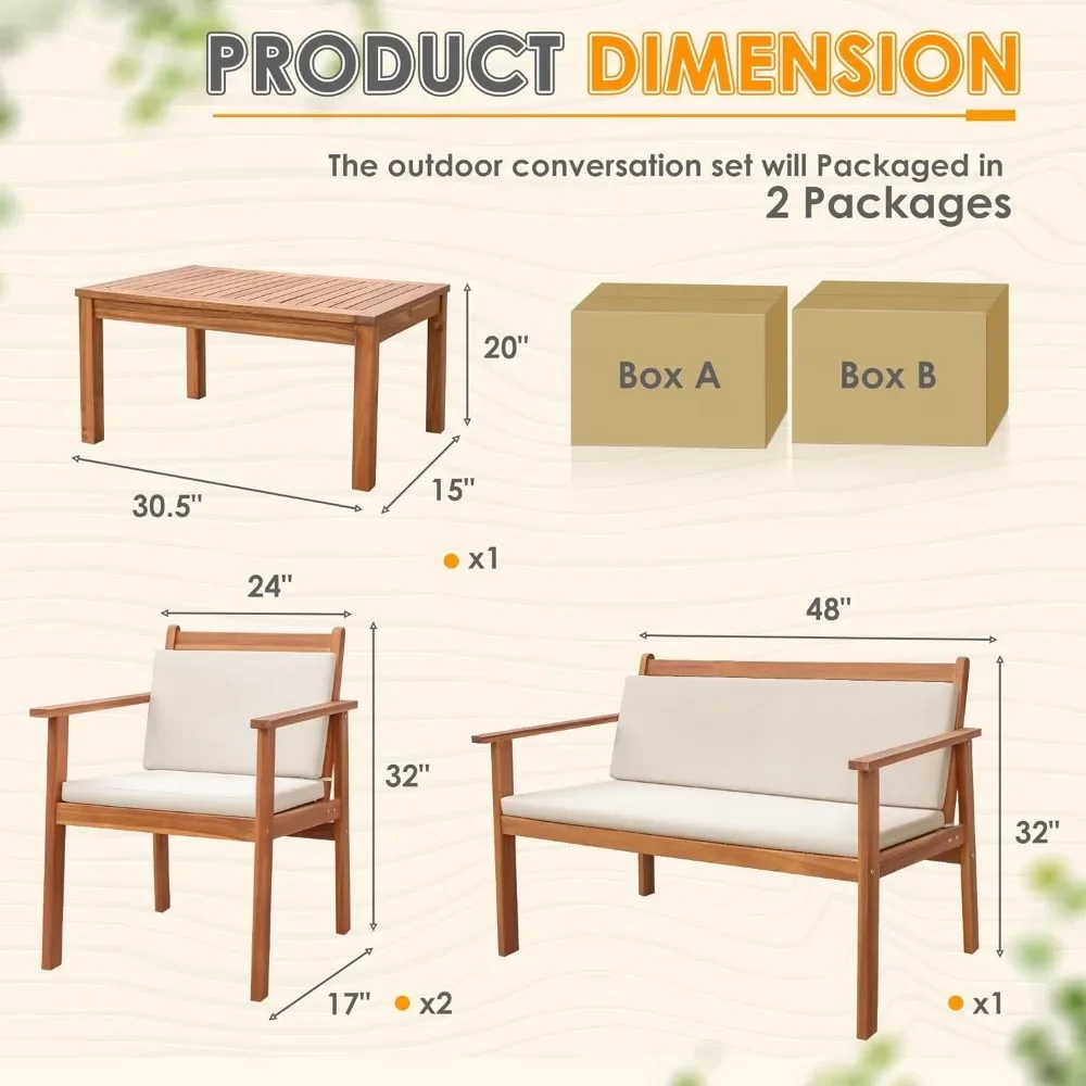 Outdoor Bistro Cadeira Set com Almofadas Resistentes à Água e Mesa de Café, Mobiliário Pátio, Praia Quintal Jardim, 4 Pcs