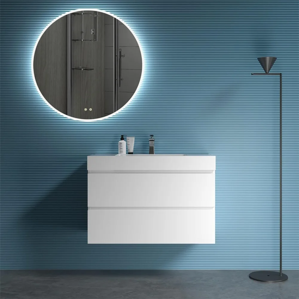 

36 Inch Bathroom Vanity with Overflow Sink, Large Storage Wall Mounted Floating Bathroom Vanity, Modern One-Piece Sink Cabinet