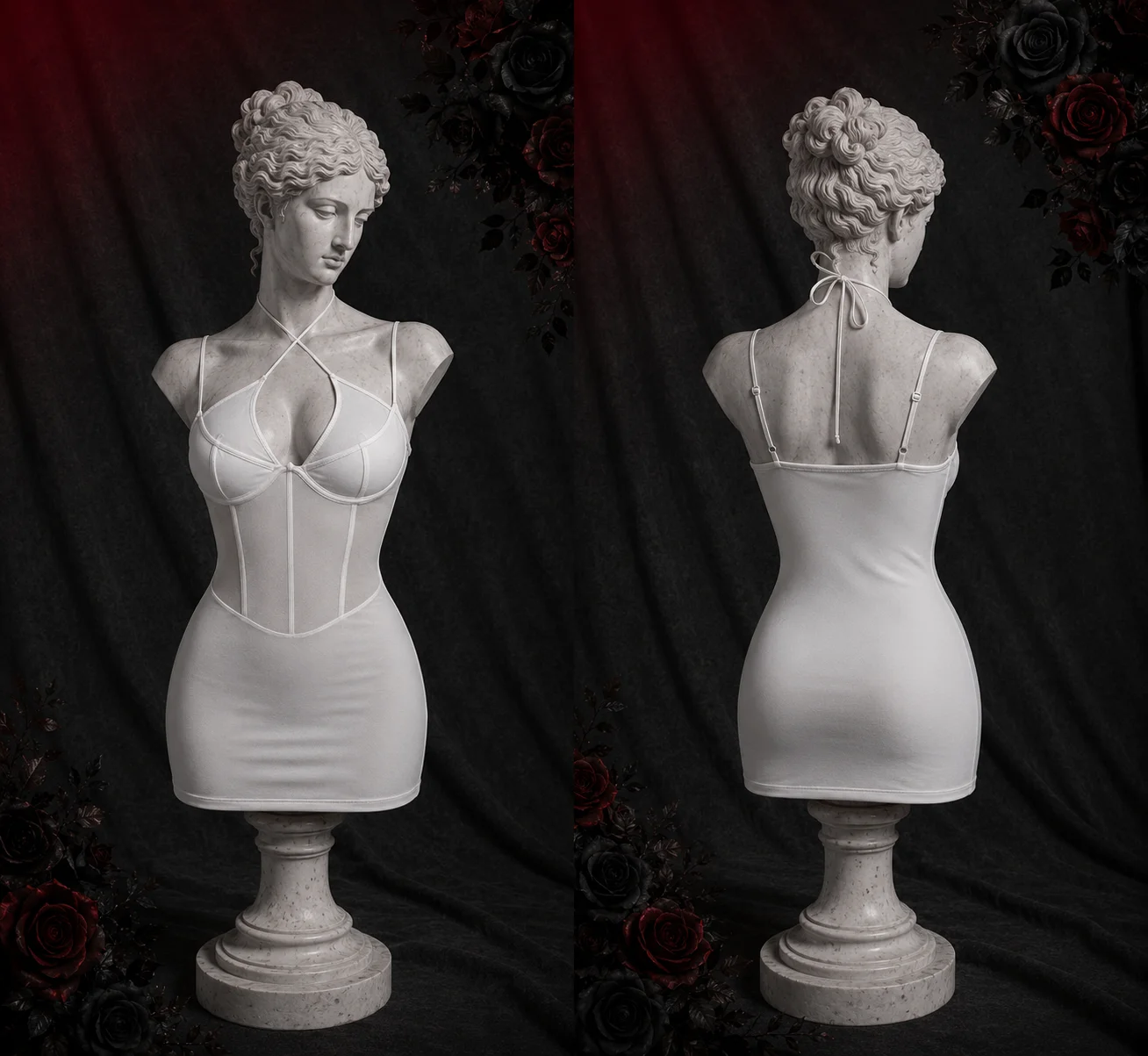 【Fragments.One Choice, No More Choices.】Hot Sweetheart White Backless Bodycon Dress with Ruched Waist & Slim Fit