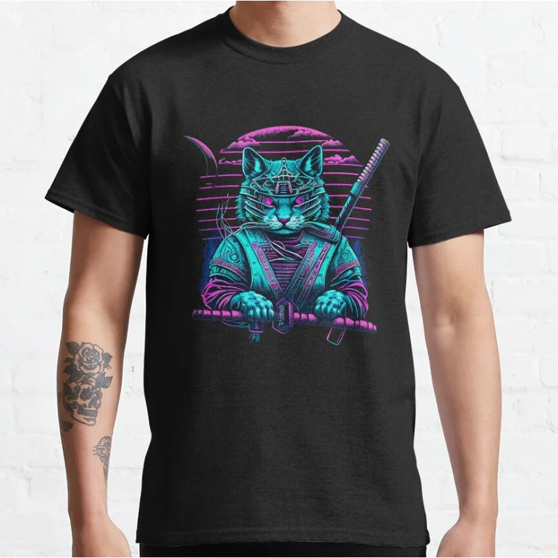 

Vintage Japanese ukiyo e stlye Samurai Cat retro anime graphic t shirts for cat lover retro large size tops