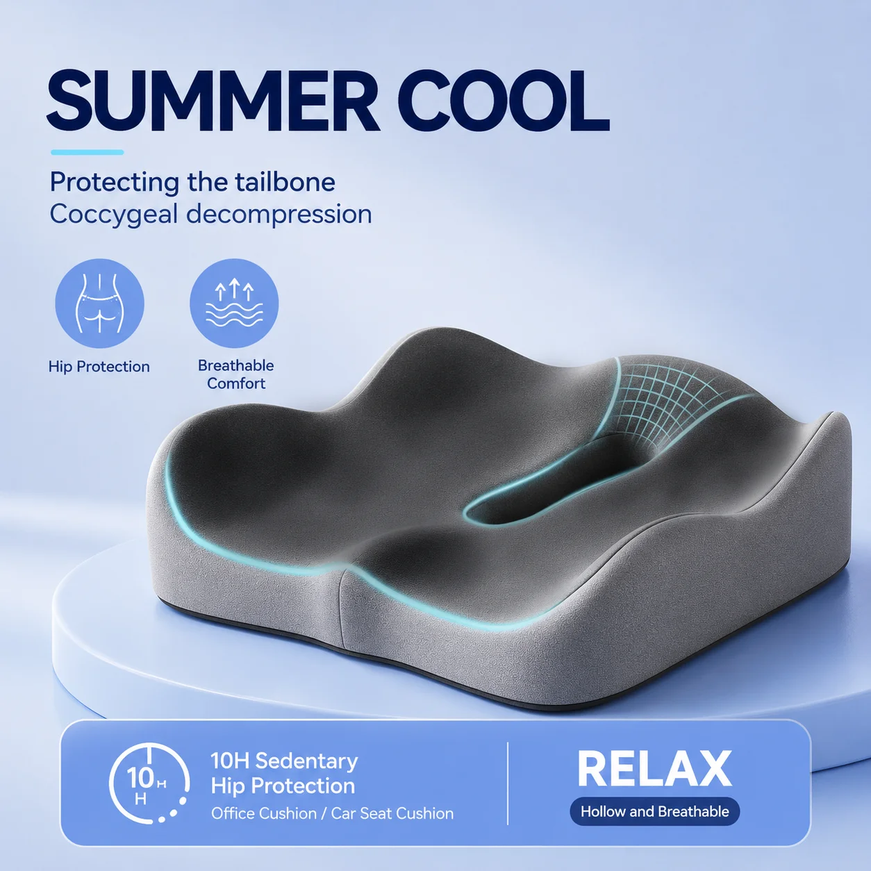Ergonomic Memory Foam Seat Cushion for Office Chair, Car Seat & Wheelchair, Breathable Coccyx & Tailbone Support Pad with Washable Non-Slip Cover for Long Sitting Comfort, Pressure Relief for Home, Travel and Daily Use for Adults and Seniors