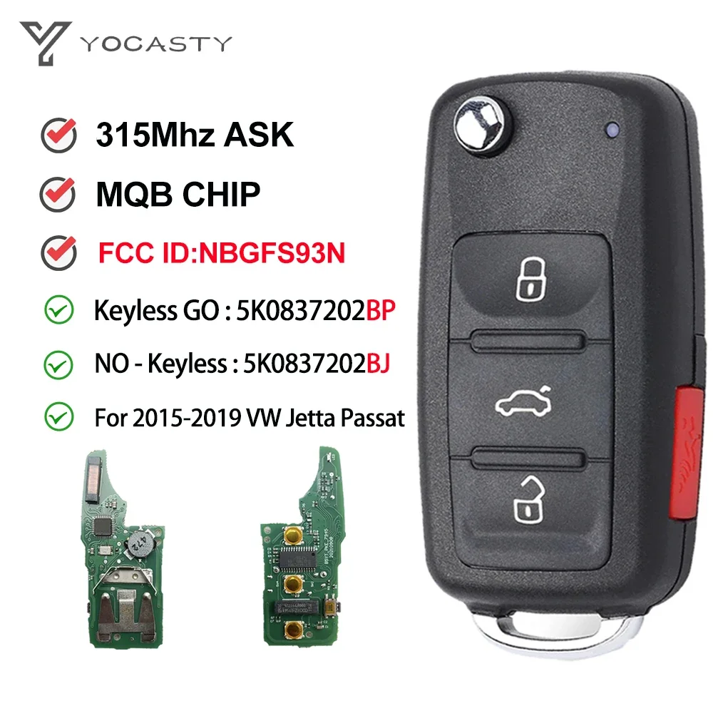 YOCASTY NBGFS93N Flip Car Key 315MHz MQB48 For Volkswagen Jetta Passat Beetle Caddy Multivan Transporter 2015-2019 5K0837202BP