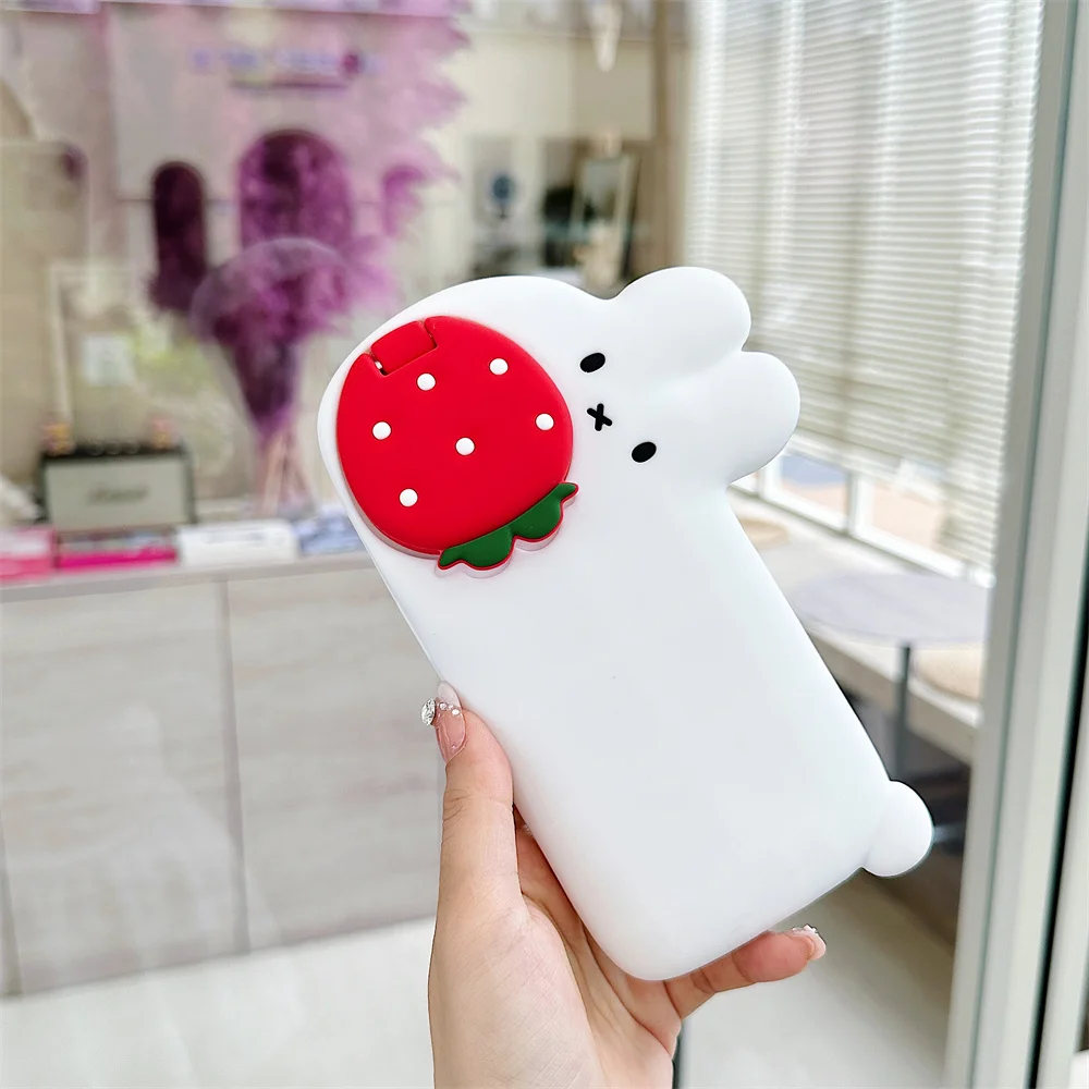 Cute 3D Miffy Rabbit Phone Case for iPhone 17 Pro 16 Plus 15 14 13 Pro Max Cover Silicone Cases With Strawberry Stand Funda Capa