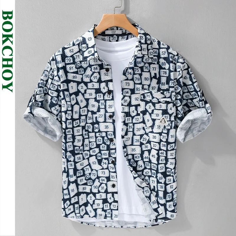 2024 Summer New Casual Printed Short Sleeve Shirts Men Clothing Bubble Texture Casual Thin Streetwear FY957