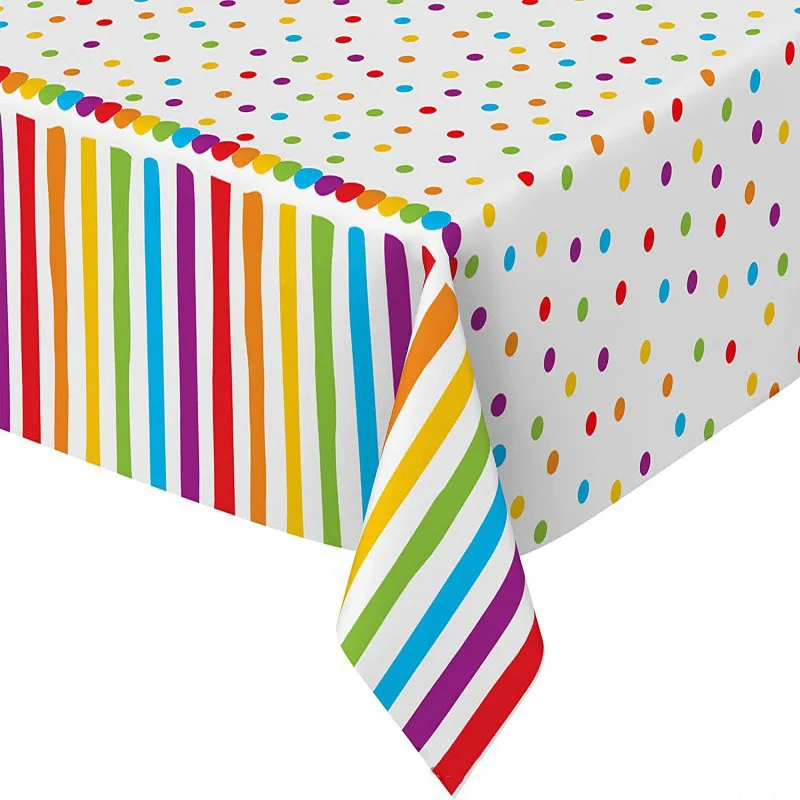 130*274cm Colored Dot Rainbow Tablecloth Kids Happy Rainbow Birthday Party Decor Colored Stripes Dots Disposable Table Cover