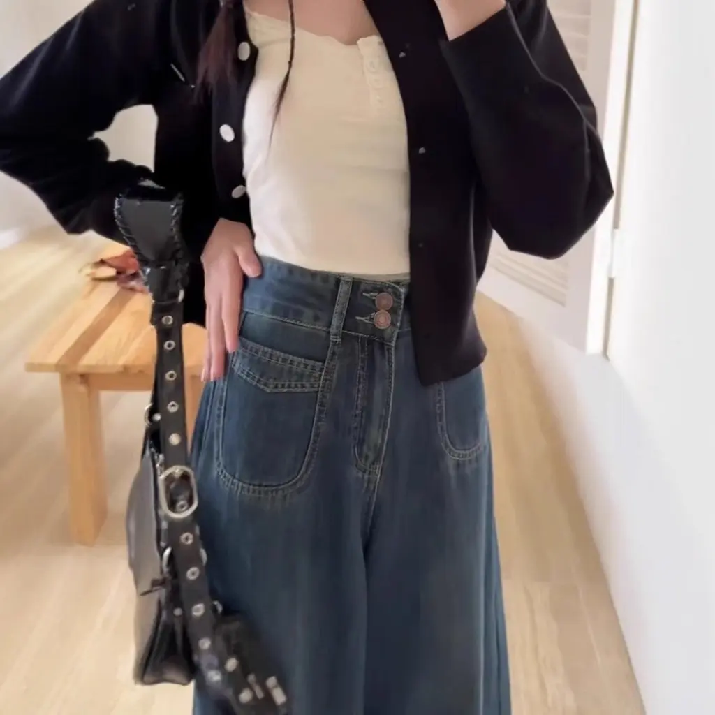 

Женские широкие джинсы в американском стиле больших размеров, свободные утягивающие темно-синие прямые брюки для осени, грушевидное тело для полных девушек