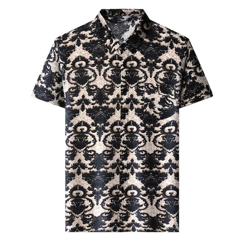 2024 New Summer Men\'s High-end Ice Silk Short Sleeved Floral Shirt Fashion Trend Casual Short Sleeved Shirt