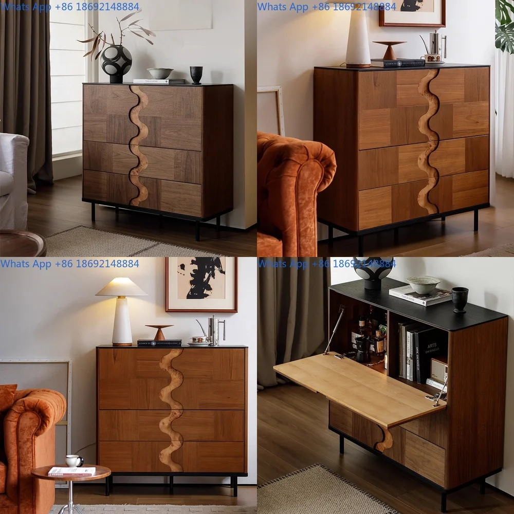 Solid Wood Sideboard Walnut Inlay Flip Door Cabinet Vintage Style Dining Room Living Room Storage Cupboard