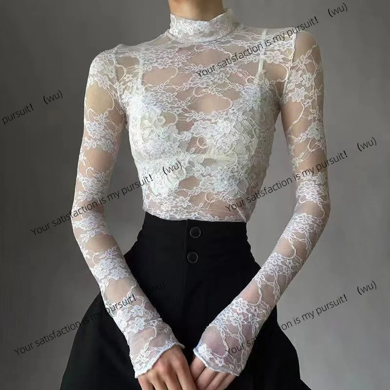 

ZOCI-Long Sleeve Perspective Lace Top, Solid White Sexy Slim T-Shirt, Ladies Party Club Spring Summer Clothing Y2K Style