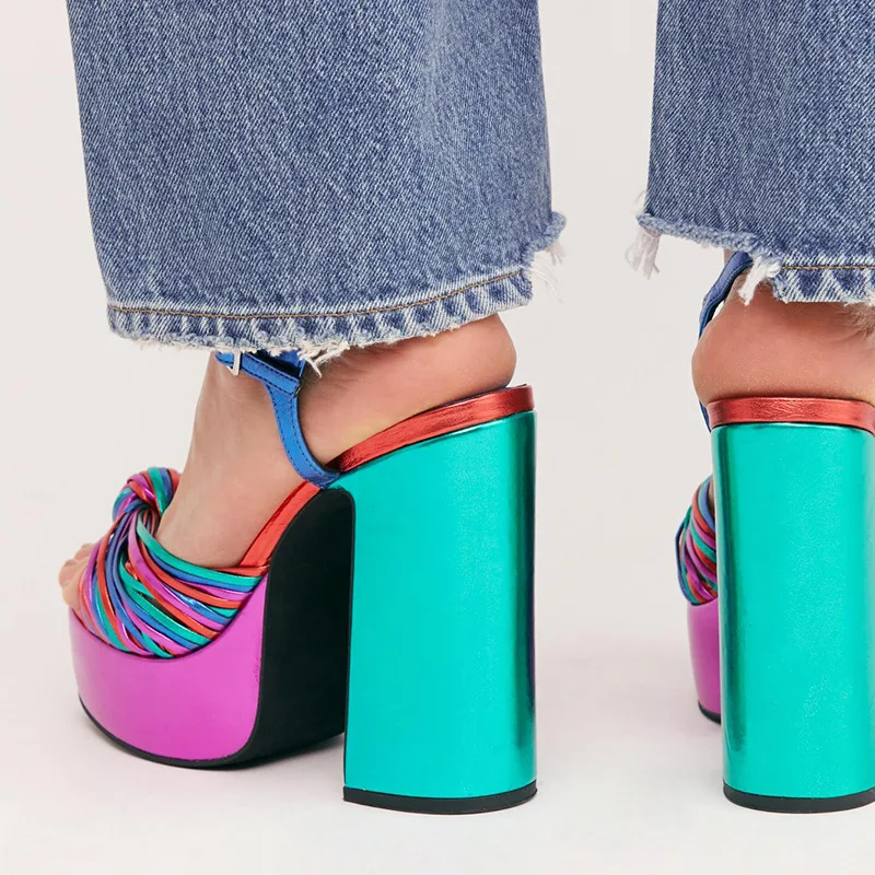 Summer European American New One Strap High Heels Platform Chunky Heel Colorful Straps Peep Toe Sandals Women