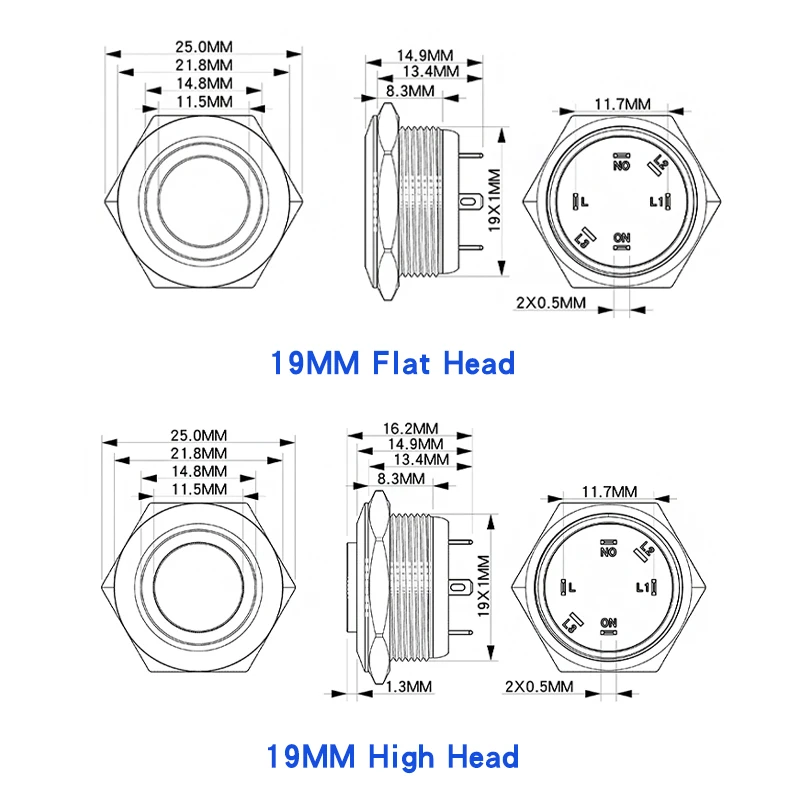 19MM Ultra-Short Metal Push Button Switch Waterproof Momentary Self-reset Flat/High Head Oxidized Black 1NO 3V 24V