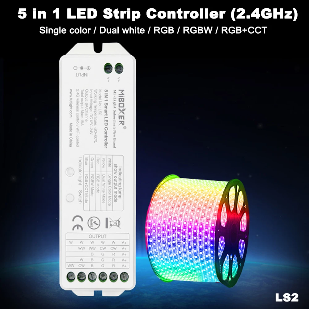 MiBoxer LS2 DC12V-48V 2.4GHz RF 5in1 Smart LED Brightness adjustable Controller for Single Color/ CCT/RGB/RGBW/RGB+CCT LED Strip