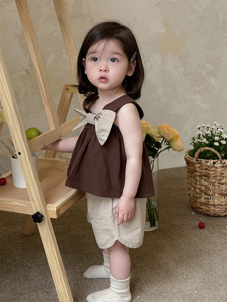 

2024 Summer New Baby Sleeveless Clothes Set Infant Girl Cute Bow Tops + Shorts 2pcs Suit Cotton Toddler Solid Casual Outfits