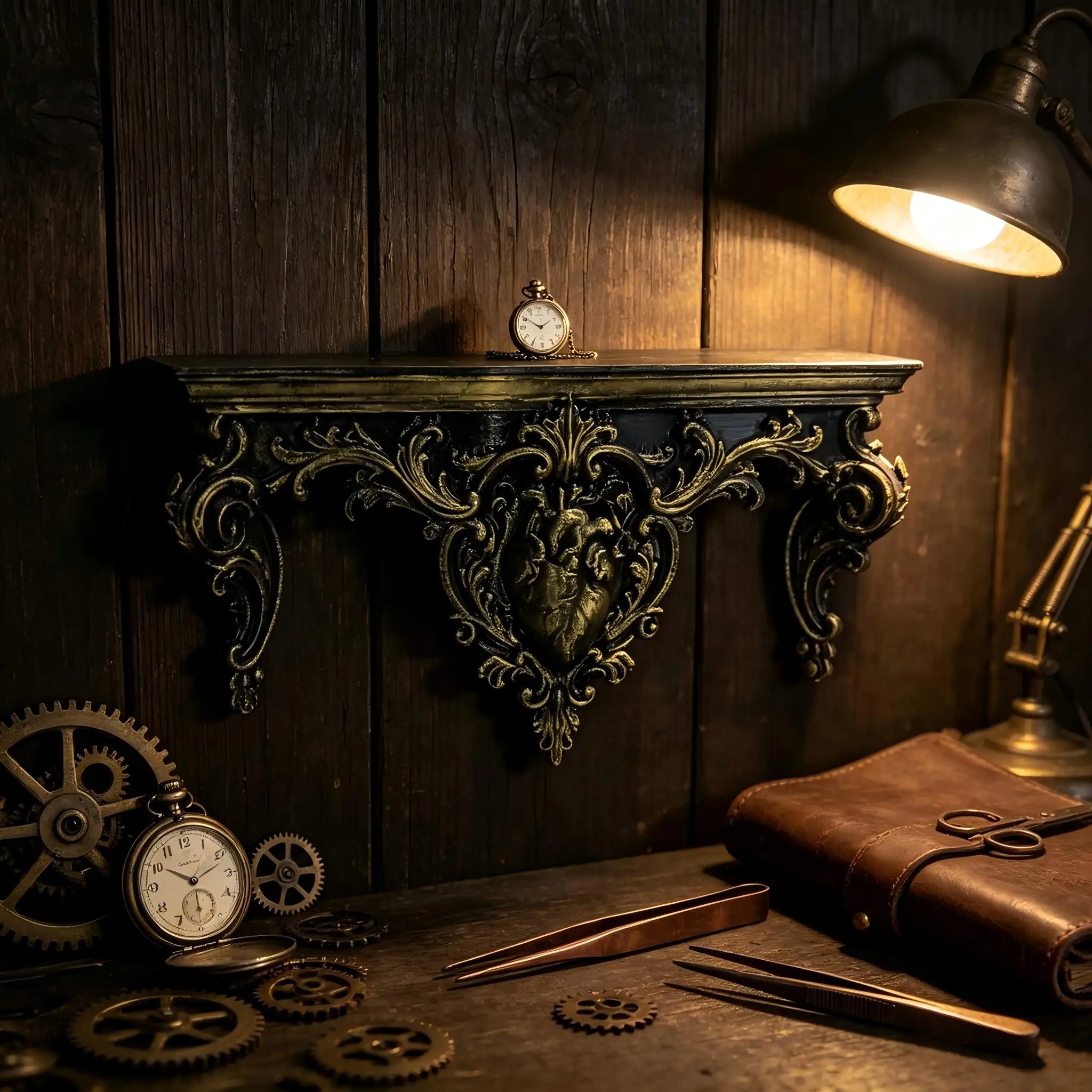 Gothic Baroque Anatomical Heart Wall Shelf, Black Gold Plastic Floating Display Shelf for Dark Academia Vintage Home Decor