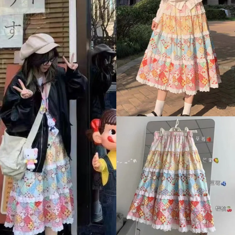 Fruit Floral Skirt Y2k Japan Retro Patchwork Printed Family Fashion Retro Casual Dopamine Skirt Loose Bohemian A-line Dress New