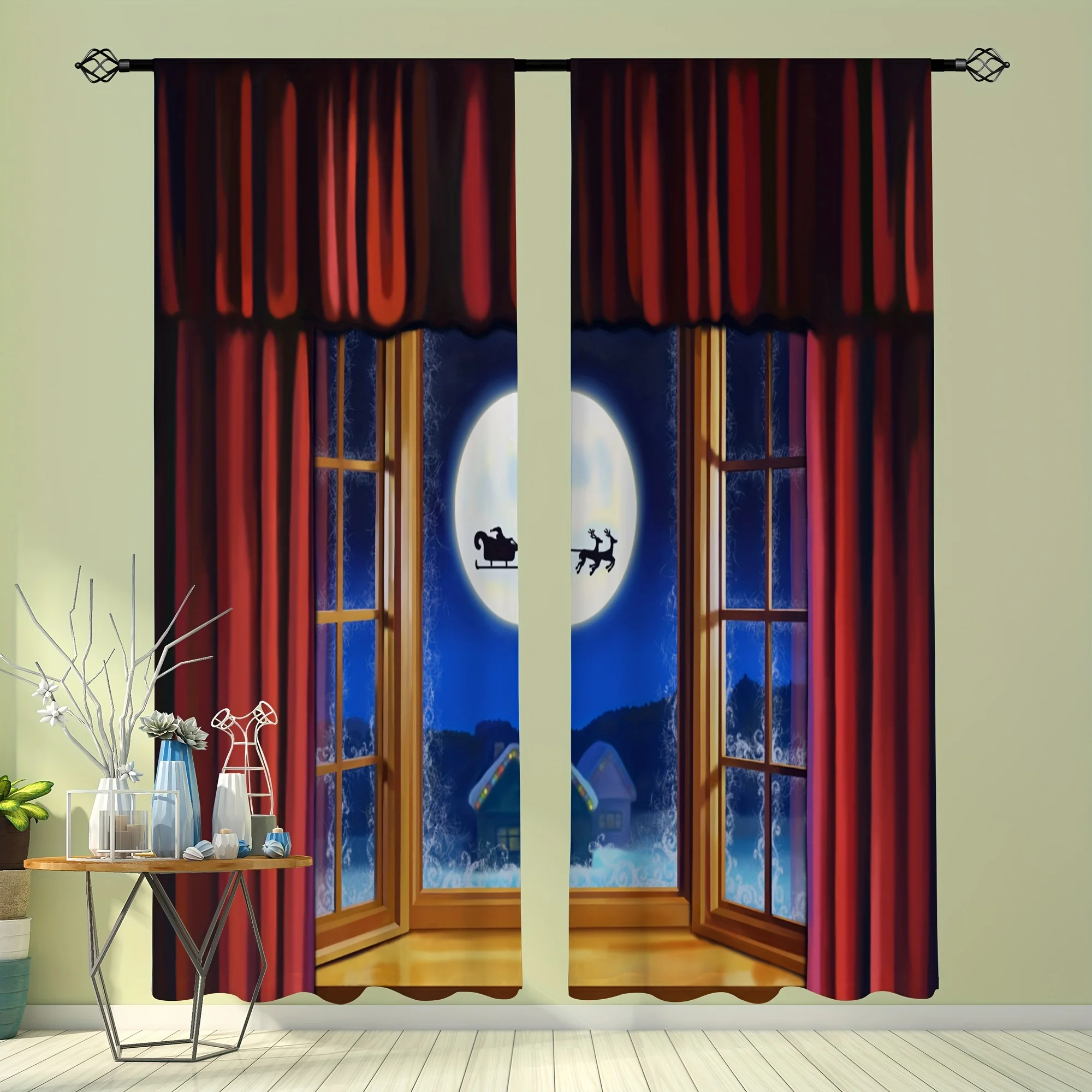 Christmas Window View Curtain, Santa Sleigh Moon 3D Blackout Drape, Red Velvet Holiday Decor, Kids Room Xmas Party Supplies