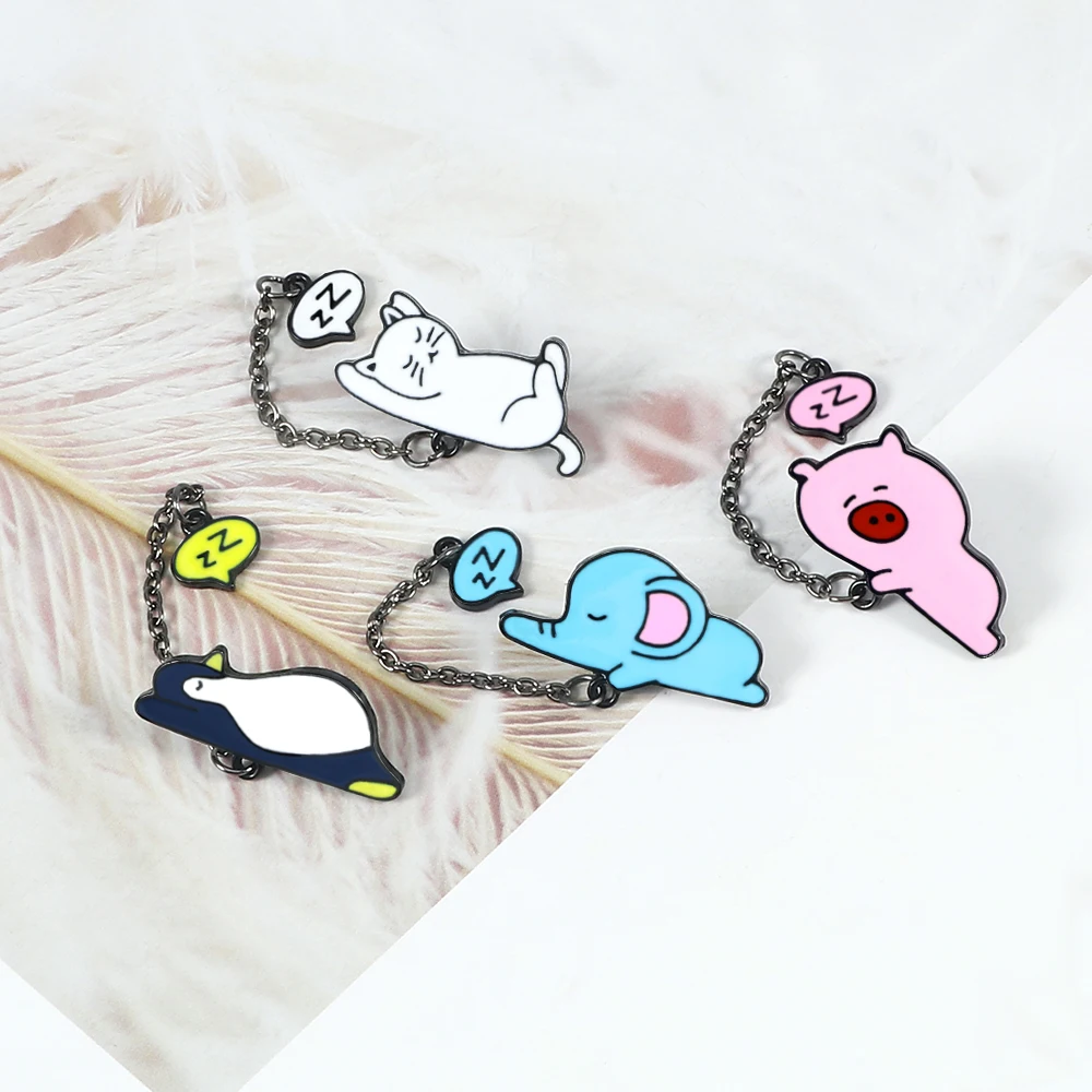 2-4Pcs/Set Chain Enamal Pins Cute Animal Ball Hand-Pulled Noodle Brooches Women Men Clothes Lapel Pin Badges Jewelry Gift New