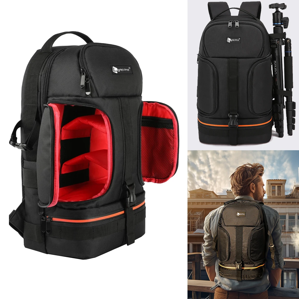 Mochila de hombro para cámara de vídeo, resistente al agua, con raya reflectora, compatible con Latptop de 15,6 pulgadas, funda para trípode acolchado suave a prueba de golpes, bolsa para fotos