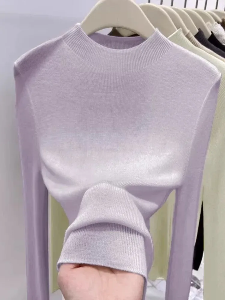 

Розовый, фиолетовый женский вязаный шерстяной свитер с высоким воротником, облегающий базовый слой, верх для внутренней одежды на осень-зиму