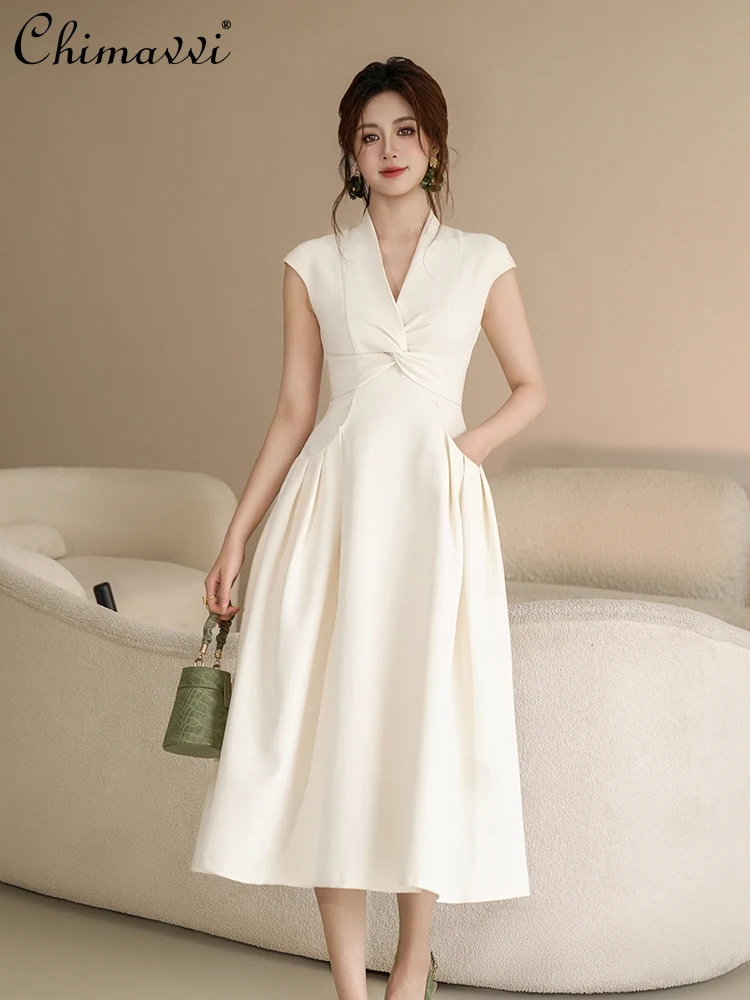 

French Style Simple Elegant Commuting Twist V-neck Sleeveless High Waist Slim A-line Temperament Casual Long Dress Women Summer