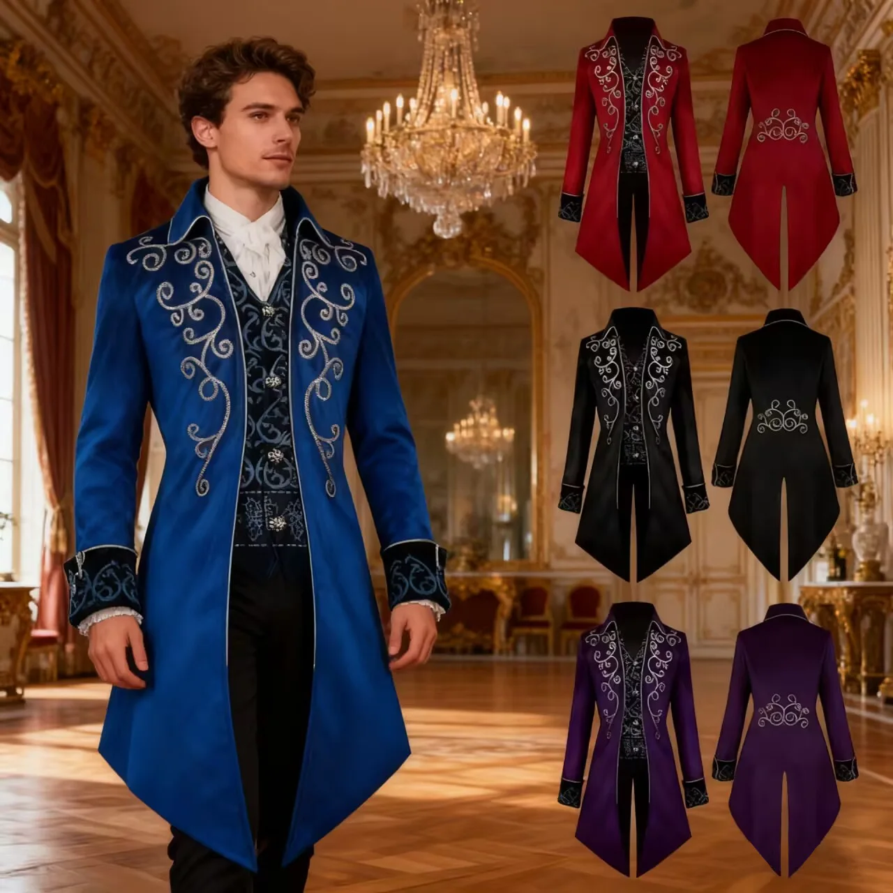 Neues Halloween Mittelalterliches Western Retro Hofkostüm Silberbesetzter Gehrock Herrenjacke