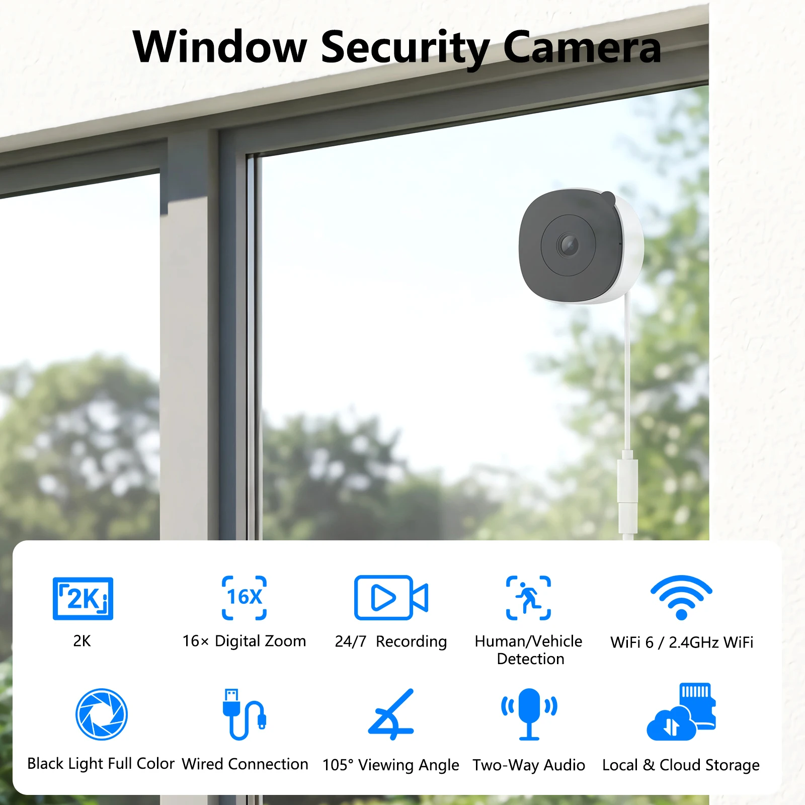 2K Window Camera WiFi Indoor Cameras For Home Security Full Color Night Vision Two-Way Audio Motion Detection