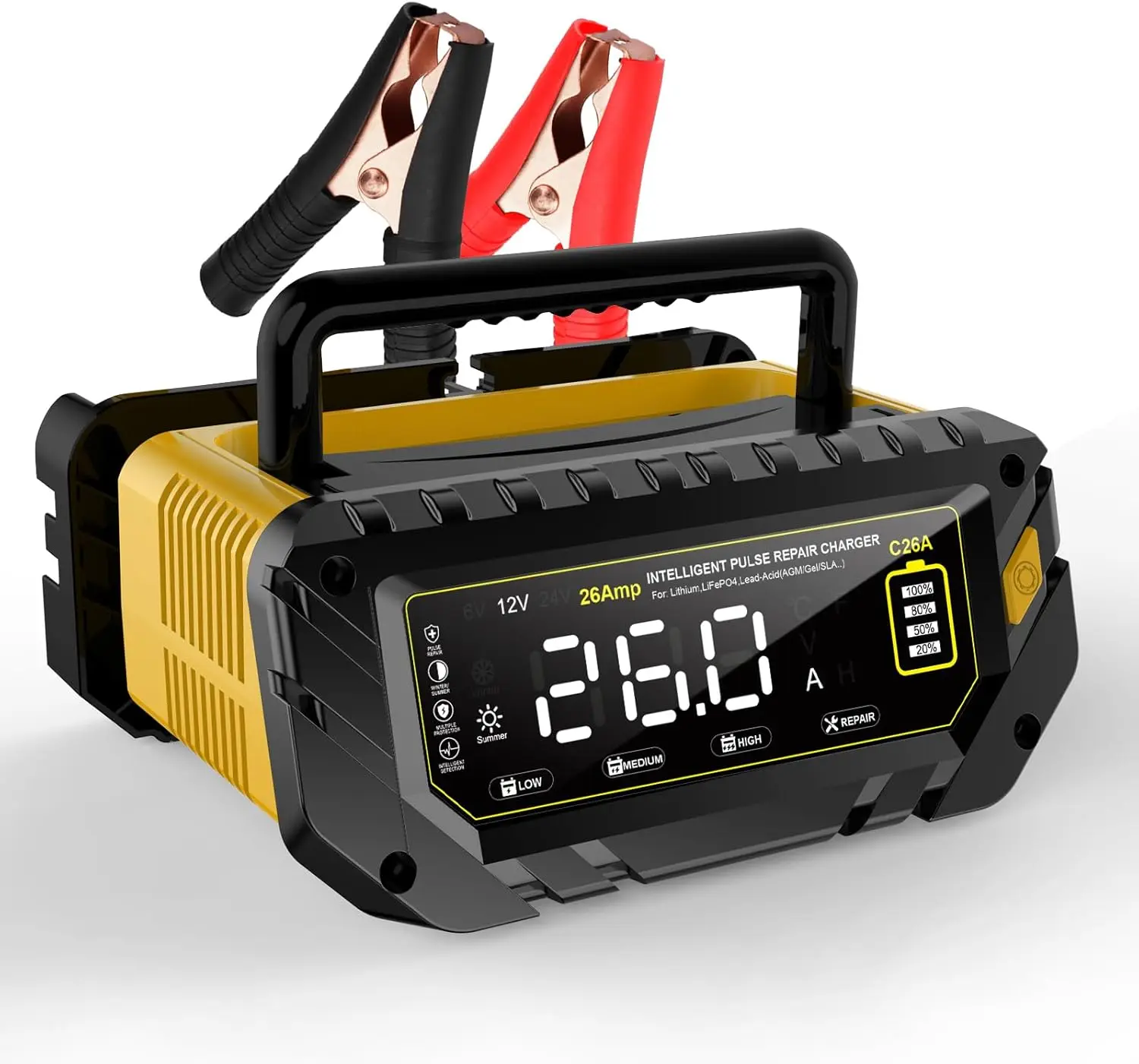 

Умное зарядное устройство 26А для свинцово-кислотных аккумуляторов LiFePO4, 6 В/12 В/24 В, автомобили, мотоциклы, лодки, газонокосилки