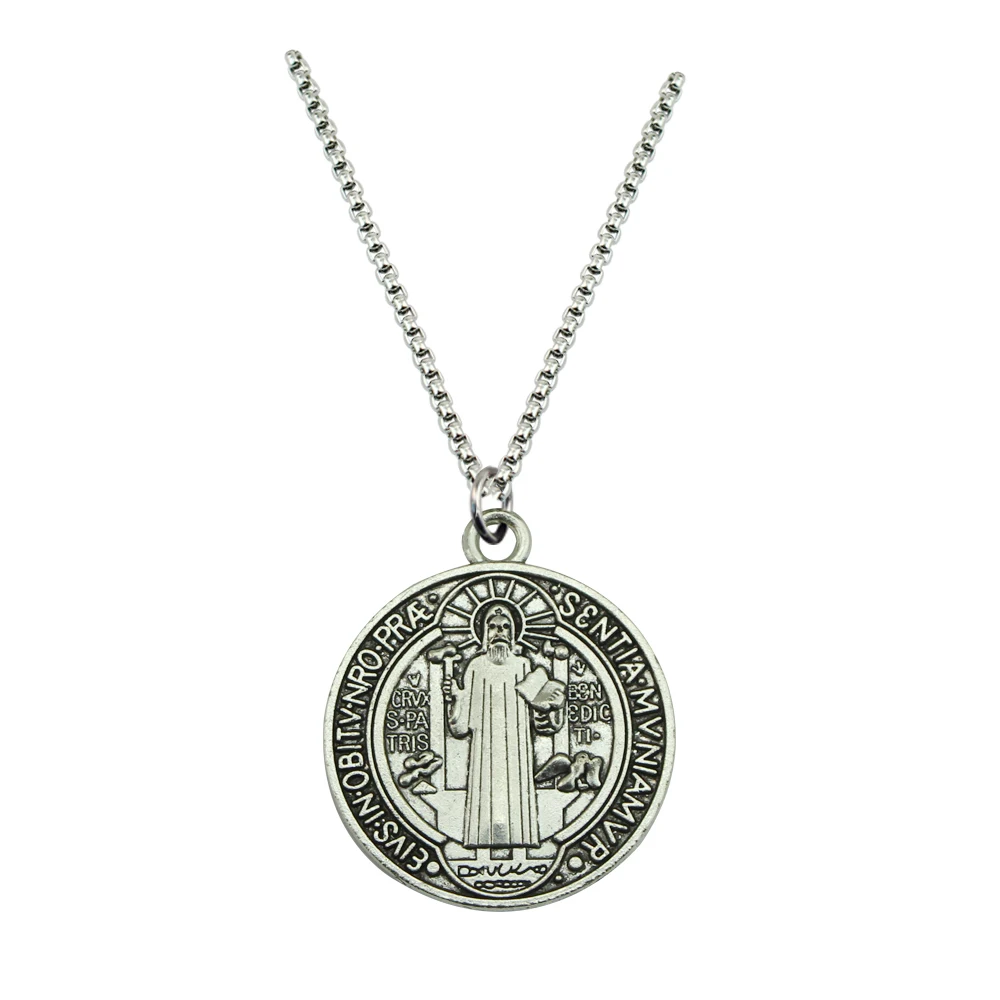 Saint Benedict Medal Necklaces Catholic Medallion Silver Color Pendant Necklace San Benito Jewelry Round Coin Antiqued