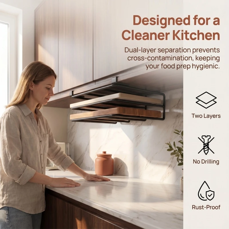 

Kitchen Hanging Organizer Rack with Hooks Under Cupboard Paper Towel Rags Hanger Cutting Board Pot Cover Holder Storage Shelf