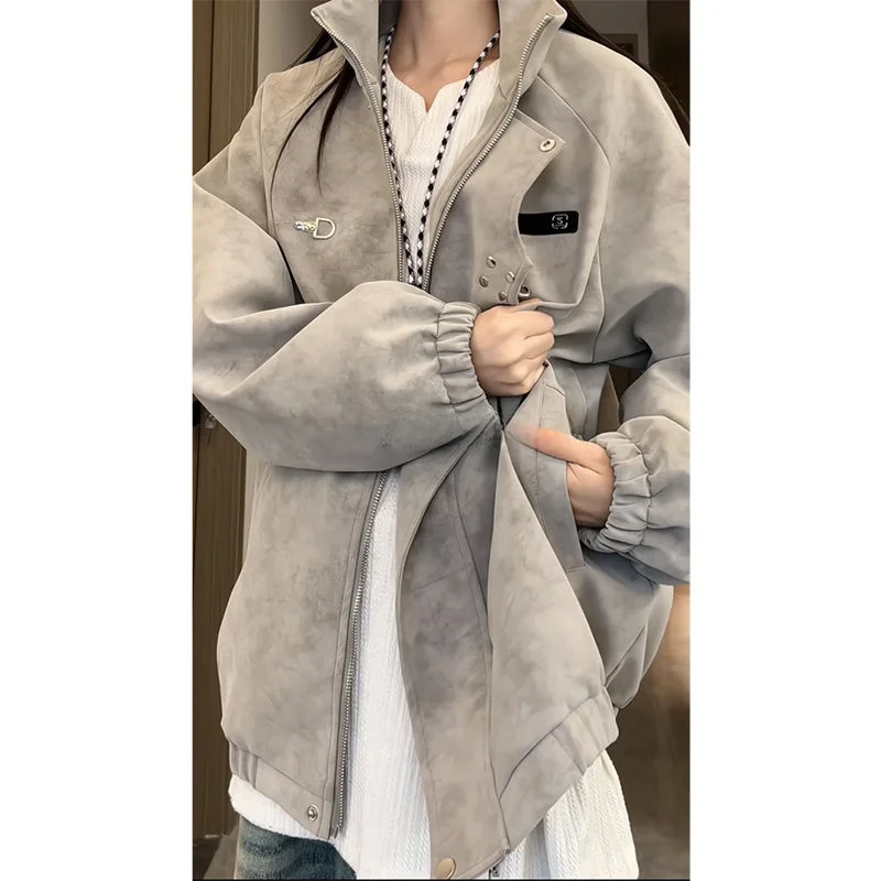 

Men's Dyed Brown Spring Jaet New Chinese Sle Stand Collar Button Tee Anti-Defensive Workwear Leather Jaet Pilot Coat
