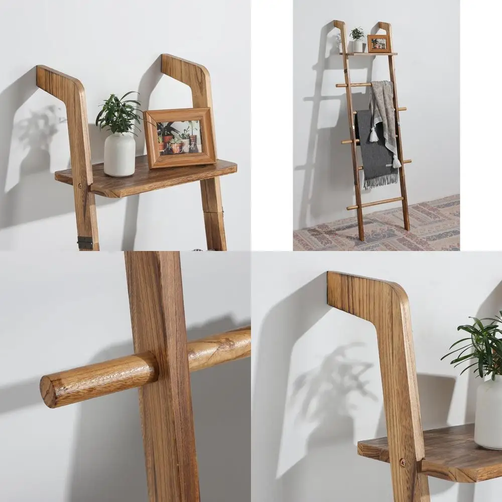 

5-ярусная деревянная вешалка для полотенец в стиле лестницы с полкой и крючками, декоративная настенная полка для хранения для дома