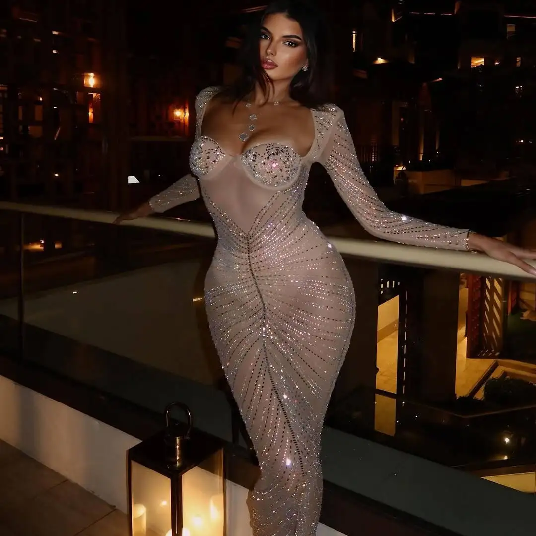 

Sexy Casual Long Dress New Edition Apricot Mesh Rhinestone See-through Knitted Fabric Evening Gown for Wedding Party Date